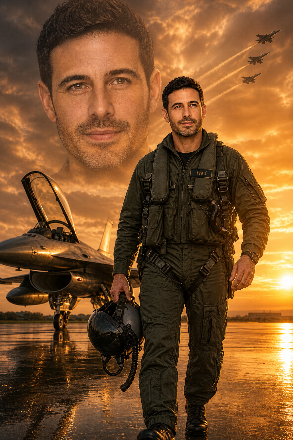 Pilote de chasse au coucher de soleil