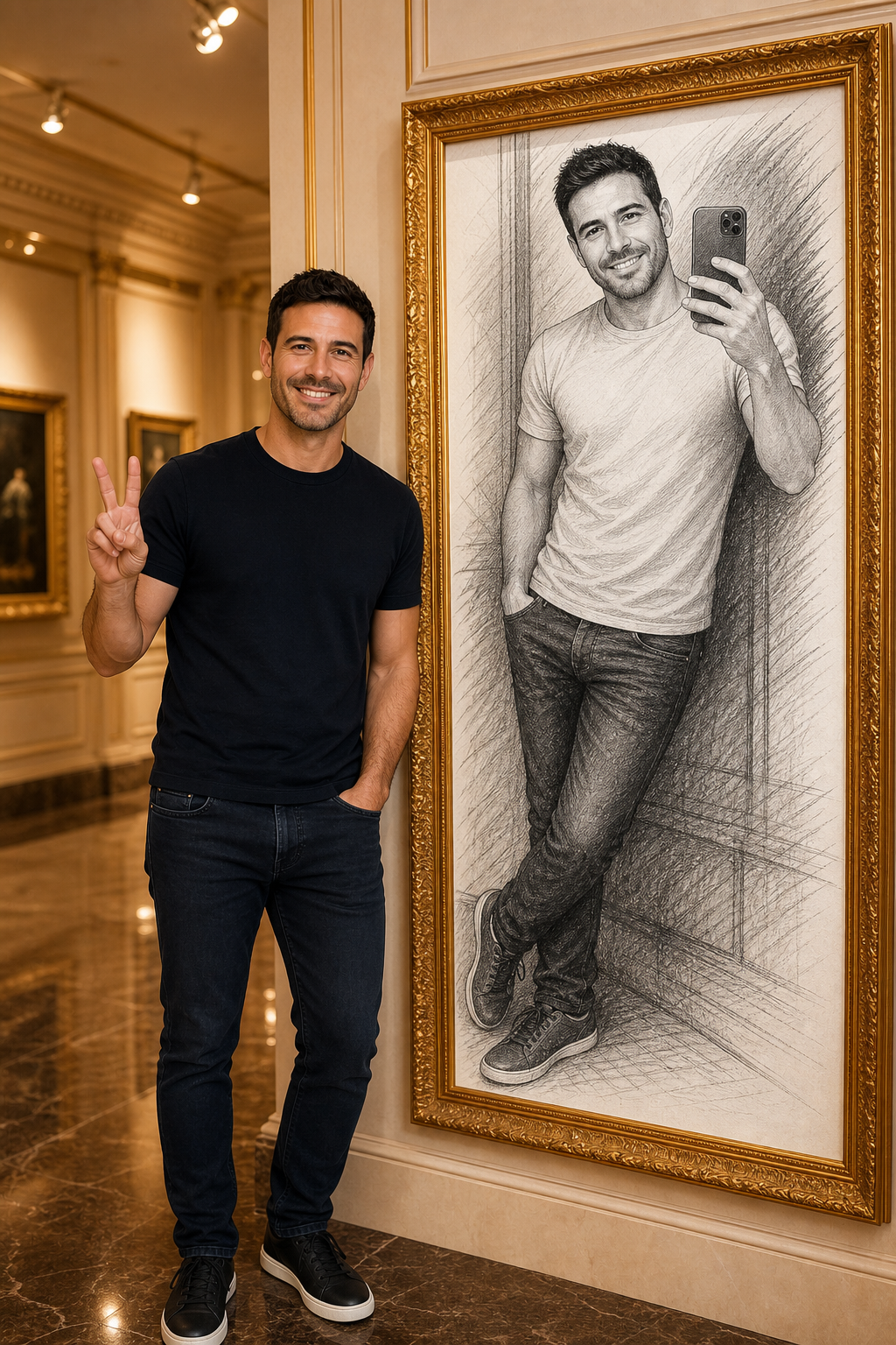 Selfie avec mon portrait dessiné